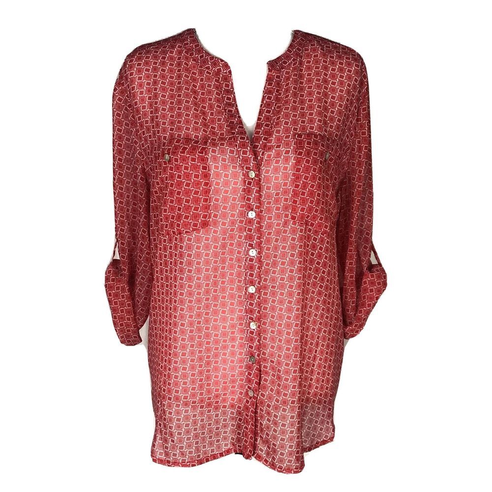 Kim Rogers Womens Red  Roll Tab Sleeves‎ Casual Blouse Size L Geometric